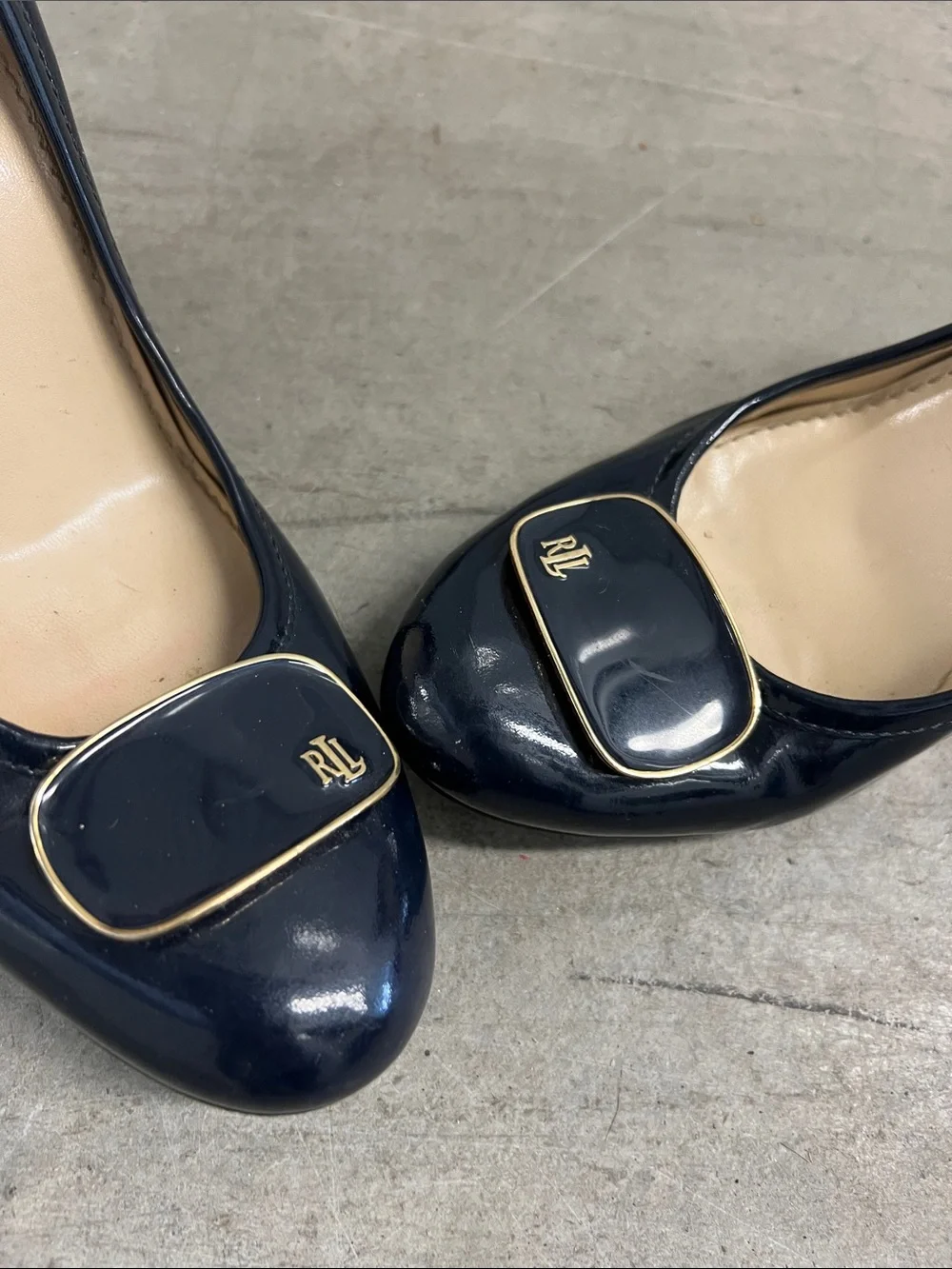 Ralph Lauren Navy Patent Leather Pumps with Gold RL Medallion